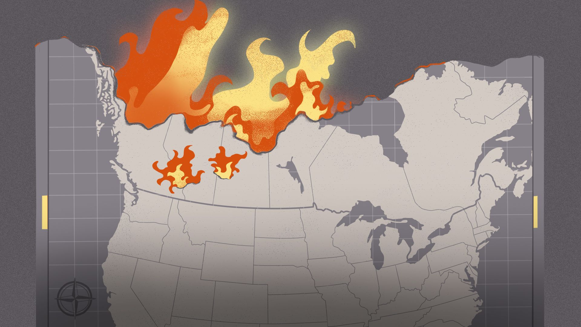 Illustrated map of North America showing stylized flames across northern and western Canada, with smoke drifting south toward the U.S.