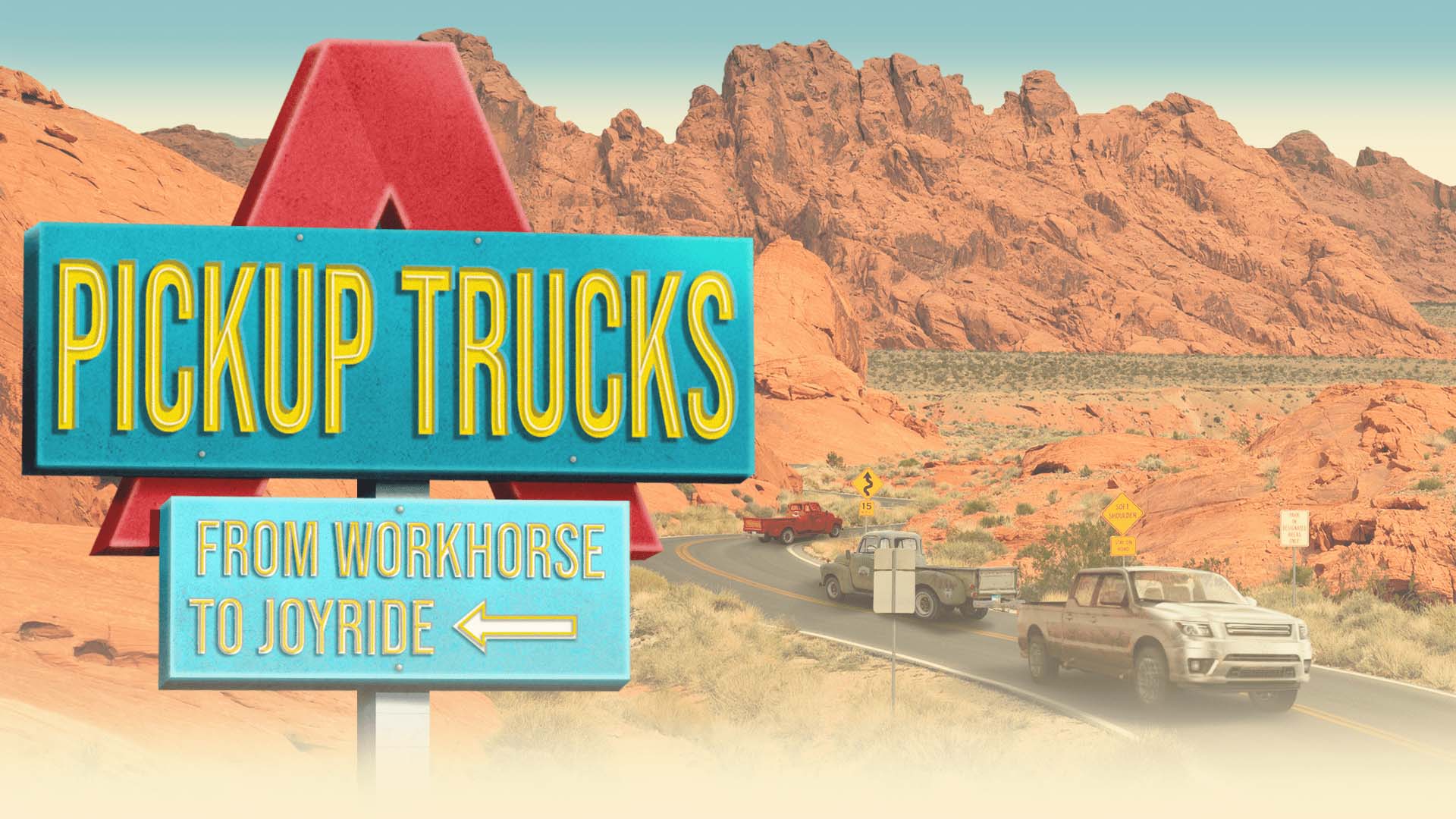 3D rendered illustration of pickup trucks from different eras driving in convoy through a red rock desert landscape, with a retro roadside sign reading ‘Pickup Trucks: From Workhorse to Joyride.’